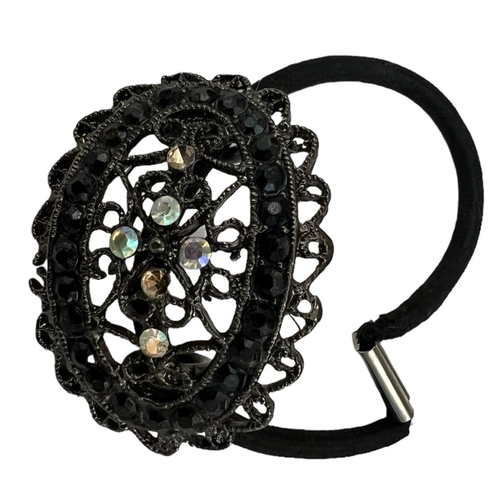 Pony Tail Holder Oval in Black Metalwork and Faux Crystals​​​​